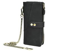 Handadsume Cartera de piel auténtica Crazy Horse para regalo de viaje, monedero, bolsillo para tarjetas, organizador largo, cadena RFID, monedero con broche para hombres 1803 1815, 1803 The Black2,