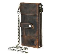 Handadsume Cartera de piel auténtica Crazy Horse para regalo de viaje, monedero, bolsillo para tarjetas, organizador largo, cadena RFID, monedero con broche para hombres 1803 1815, 1822 Marrón