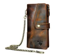 Handadsume Cartera de piel auténtica Crazy Horse para regalo de viaje, monedero, tarjetero, organizador largo, cadena RFID,Billetera abrochada, Para hombres 1803 (1803 marrón)
