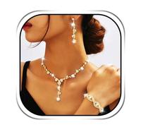 Handcess Juego de joyas de boda para novia, collar y aretes de diamantes de imitación dorados para mujer, talla única, Diamante de imitación, No es una piedra preciosa