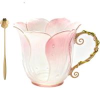 Handcrafted Petal Cup with Vine Handle, Artistic Floral Ceramic Coffee Mug with Bloom-Shaped Design, Artistic Floral Elegant Nature Glass Mug for Women, Friends, Home Décor Gift (Color C)
