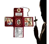 Handcrafted Pocket Devotional - Faith Edition, Catholic Travel Prayer Kit with Cross, Saint Images & Spanish Prayers, Handmade Embroidered Pockets Shrine Quilt (Red)