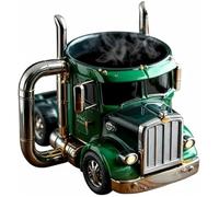 Handcrafted Semi-Truck Shaped Coffee Taza, cerámica & Stainless Steel Novelty Cup, 11oz Funny Trucker Travel Mug with Insulated Handle, Unique Birthday Gift for Men Truck Driver, Home Office Desk