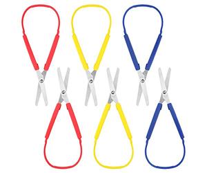 Handi Stitch Pack de 6 Tijera Escolar 20 cm Tijeras Adaptadas Fácil Agarre con Bucle Tijeras Niños Zurdos y Diestros - Diseño Apretar para Manos Pequeñas y Necesidades Especiales - Niños y Adultos