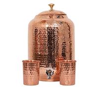 HandicraftWorld Dispensador de agua de cobre puro, hecho a mano, hecho a mano, 4 litros, depósito de almacenamiento de agua curativa Ayurveda, botella de cobre, jarra con 2 vasos martillados (8