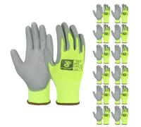 HANDLANDY 12 pares de guantes de trabajo protectores de nailon con revestimiento de poliuretano, antideslizantes, flexibles, para construcción, almacén, jardinería (amarillo de alta visibilidad,