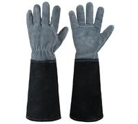 HANDLANDY Guantes largos de jardinería para hombres y mujeres, guantes de poda de rosas de cuero vacuno, guantes transpirables a prueba de espinas (gris oscuro-negro, L)