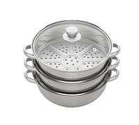 Handles Steamery - Vaporizador de 3 capas, 28 cm, olla de vapor, apilable, olla con tapa de cristal para el hogar, utensilios de cocina, acero inoxidable, para gas, eléctrica, inducción