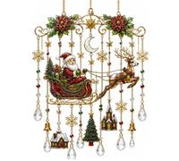 Handmade Christmas Stained Glass Window Hanging,3D Sparkling Christmas Stained Glass Style Sun Catcher,Santa Reindeer Holiday Wind Chime,Holiday Home Ornament Decor