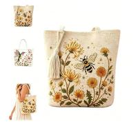 Handmade Crochet Bee Embroidered Tote Bag,Vintage Knit Bees Floral Shoulder Purse with Tassel,Boho Woven Beach Travel Handbag，Bee