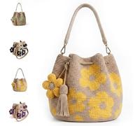 Handmade Crochet Flower Tote, Knit Boho Shoulder Purse with 3D Floral Charm, Anti-Stretch Women Beach Bag, Summer Gifts (Yellow)