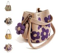 Handmade Crochet Flower Tote, Knit Boho Shoulder Purse with 3D Floral Charm, Anti-Stretch Women Beach Bag, Summer Gifts (Purple)