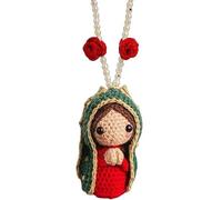 Handmade Crochet Virgin Mary Car Hanging Ornament, Cute Rearview Mirror Charm with Red Roses & Pearls, Cute Handmade Auto Decor, for Blessing Gift for Family, Friends (Color2)