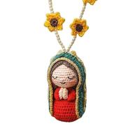 Handmade Crochet Virgin Mary Car Hanging Ornament, Cute Rearview Mirror Charm with Red Roses & Pearls, Cute Handmade Auto Decor, for Blessing Gift for Family, Friends (Color4)