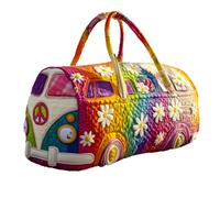 Handmade Hippie Van Quilted Duffle Bag - Original Boho Travel Weekender Bag with Adjustable Strap (A,Medium (16"x8"x8"))