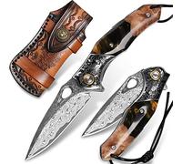 handmade Japan Damascus steel pocket knife，3.1" VG10 blade men and women Folding knife，With holster，Lining lock，resin and Maple handle，Suitable for EDC outdoor camping，go fishing hunting