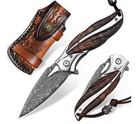 Handmade Japanese VG10 Damascus steel Folding Pocket Knife，With leather case，Liner Lock，3.1in high hardness blade，Wooden Handle，men's folding knife hiking trip EDC tool Knife