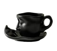 Handmade Menimalist Kiss Mug - Face Sculpture Coffee Set, 100ml Artistic Tea Cup, Ceramic Saucer Set | Valentine's Day Romantic Gift Couple Wedding Aniversary Kitchen Table Decor Uniquee Stylish