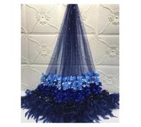 Handmade Mesh Fabric Gold Foil Stamping Princess Kids Feather Flower Layered Gradient For Evening Wedding Dress(Dark blue)