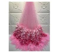 Handmade Mesh Fabric Gold Foil Stamping Princess Kids Feather Flower Layered Gradient For Evening Wedding Dress(Pink)