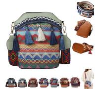 Handmade Native American Handbags,Vintage Woven Tassel Bucket Bag for Women,Retro Boho Geometric Travel Crossbody Bag Purses (Green)