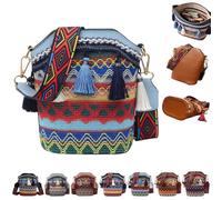 Handmade Native American Handbags,Vintage Woven Tassel Bucket Bag for Women,Retro Boho Geometric Travel Crossbody Bag Purses (Light Blue)