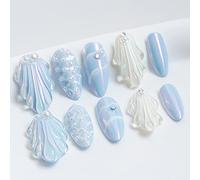 Handmade Press On Nail Medium Long Almond Oval Blue White Pearl Shell Fake Tip 3D Design Art Charms Cute with Storage Box 10 Pcs (#28 M)