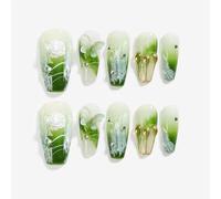 Handmade Press On Nail Medium Long Coffin Ballerina Green Flower Butterfly Fake Tip 3D Design Art Charms Cute with Storage Box 10 Pcs (#009 XS)