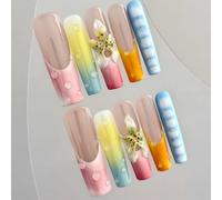 Handmade Press on Nails - Bohemian Subtropical Style Colorful Hand-Painted Patterns and 3D Boho Flowers Long Coffin Style Acrylic Fake Nails, 10 Pieces (M)