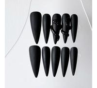 Handmade Press on Nails - Halloween Witch Vampire Gothic Style Matte Black with 3D Snake Long Almond Stilettos Style Acrylic Fake Nails, 10 Pieces (S)