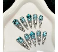Handmade Press on Nails Long Almond False Nails Luxury Blue Silver Full Diamonds Glitter French Tip with 3D Rhinestone Crystal Gems for Women with Glue Reusable 10Pcs (XS)