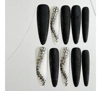 Handmade Press on Nails - Matte Black Snakeskin Pattern and White Snake Bone Pattern Long Coffin Gothic Style Acrylic Fake Nails, 10 Pieces (M)