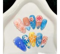 Handmade Press on Nails Medium Almond False Nails Sea 3D Flower Pearl Shell Glitter Full Cover Blue Ocean Summer Gradient Tropical French Tip for Women with Glue Reusable 10Pcs (M)