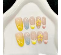 Handmade Press on Nails Medium Almond False Nails Summer 3D Flower Yellow Pink Gradient French Blue for Women with Glue Reusable 10Pcs (M)