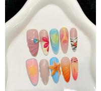 Handmade Press on Nails Medium Long Almond False Nails 3D Starfish Shell with Rhinestone French Flower Fake Summer Island Vacation Style for Women with Glue Reusable 10Pcs (S)