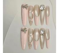 Handmade Press on Nails - Nude Sparkling Cat Eye and Pink French Pattern with Diamond Bow and Large Rhinestones Long Almond Stilettos Style Acrylic Fake Nails, 10 Pieces (S)