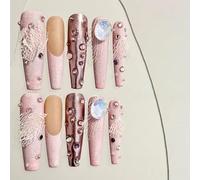 Handmade Press on Nails - Pink Cowboy and French Style, Rhinestone Embellishments Long Coffin Style Acrylic Fake Nails, 10 Pieces (S)