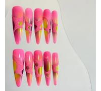 Handmade Press on Nails - Pink Frosted Pattern Hot Girl Y2K Almond Long Stilettos Style Acrylic Fake Nails, 10 Pieces (XS)