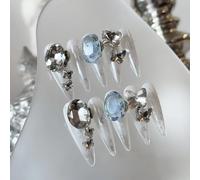 Handmade Press on Nails - White Base with Silver Sequins Inlaid with Transparent Butterflies and Large Blue Rhinestones Long Almond Stilettos Style Acrylic Fake Nails, 10 Pieces (XS)