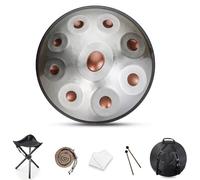 Handpan 22 Pulgadas Re Menor 432 Hz 9/10/12 Notas - Tambor de Acero Hecho a Mano con Soporte, Bolsa y Mazos, Steel Drum Ideal para Meditación, Relajación y Principiantes(Gold-Silver,432HZ/9Note)