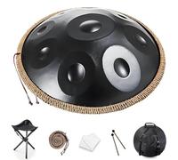 Handpan 22 Pulgadas Re Menor 432 Hz 9/10/12 Notas - Tambor de Acero Hecho a Mano con Soporte, Bolsa y Mazos, Steel Drum Ideal para Meditación, Relajación y Principiantes(Negro,440HZ/10Note)