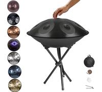 Handpan Drum Tambor de acero de 56 cm en D menor con 9/10/12 Notas 432Hz/440Hz, Percusión de Lengüetas de Acero con Bolsa de Transporte, Mazos y Soporte(Oscuro,432Hz/10Note)