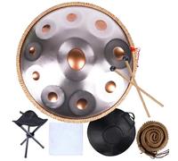 Handpan Steel Drum 9/10/12 Notas in D Minor Tambor de Acero Instrumento de Percusión 22 pulgadas with handpan stand, handpan case, durable mallets and dust-free cloth(Gold and silver,10 Notes(432Hz))
