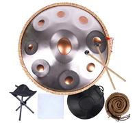 Handpan Steel Drum 9/10/12 Notas in D Minor Tambor de Acero Instrumento de Percusión 22 pulgadas with handpan stand, handpan case, durable mallets and dust-free cloth(Gold and silver,9 Notes(432Hz))