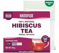 HANDPICK, Té de Hibisco en Bolsitas - 100 Bolsitas Redondas Ecológicas - Sin Cafeína - Con Flores de Hibisco 100% Puras - No-OGM - Sellado al Vacío para Frescura