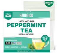 HANDPICK, Té de Menta - 100 Bolsitas Redondas Ecológicas - Sin Cafeína y No-OGM - Con Hojas Puras de Menta - Sabor Mentolado y Fresco - Sellado al Vacío