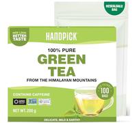 HANDPICK, Té Verde en Bolsitas - 100 Bolsitas Redondas Ecológicas - Contiene Cafeína - Con Hojas De Te Verde 100% Puras - No-OGM - Sellado al Vacío para Frescura