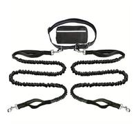 Hands Free Dog Lead, Running Dog Lead with Adjustable Waist Belt, Dog Walking Belt for Medium Large Dogs, Bungee Dog Lead with Detachable Pouch for Running,Hiking (Black,Double)
