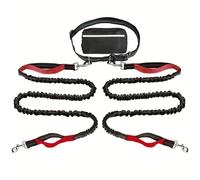 Hands Free Dog Lead, Running Dog Lead with Adjustable Waist Belt, Dog Walking Belt for Medium Large Dogs, Bungee Dog Lead with Detachable Pouch for Running,Hiking (Red,Double)