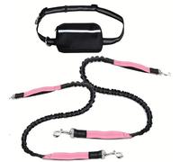 Hands Free Dog Lead, Running Dog Lead with Adjustable Waist Belt, Dog Walking Belt for Medium Large Dogs, Bungee Dog Lead with Detachable Pouch for Running,Hiking (Pink,Double)
